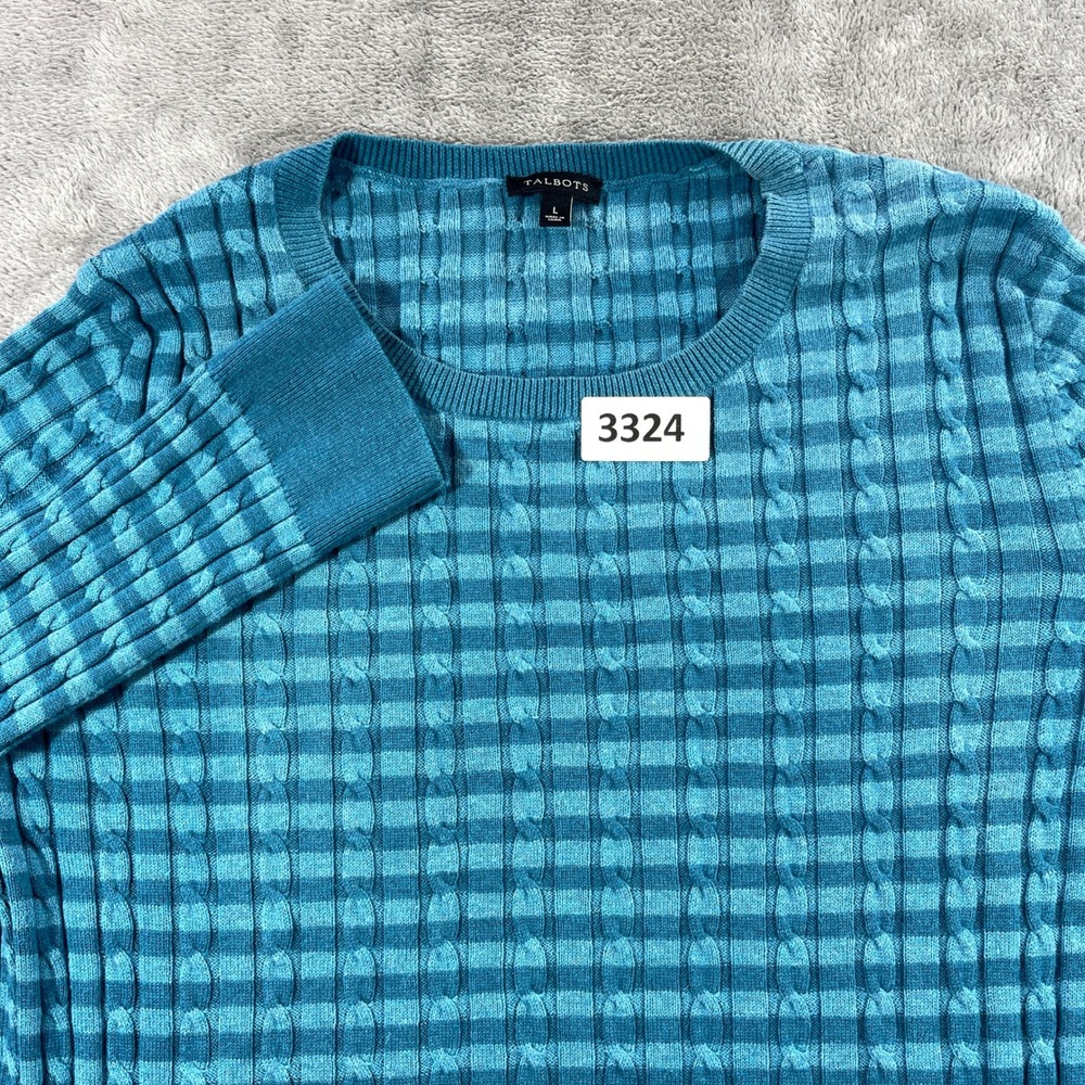 Talbots Sweater Womens Large Blue Cable Knit Striped Cotton Wool‎ Pullover